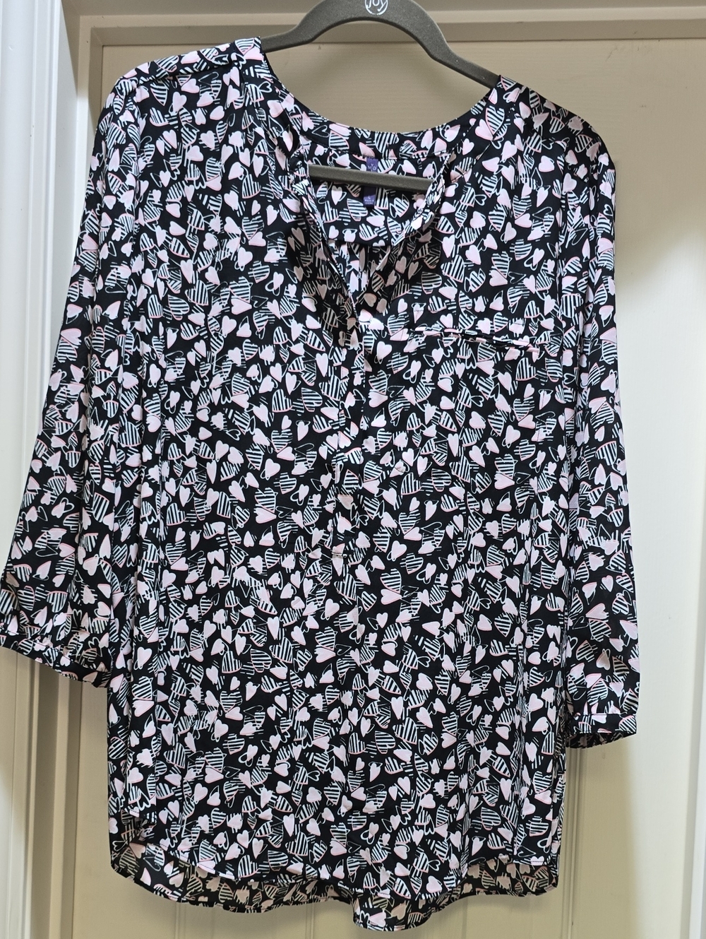 NYDJ Black Blouse with Light Pink & White Heart Print